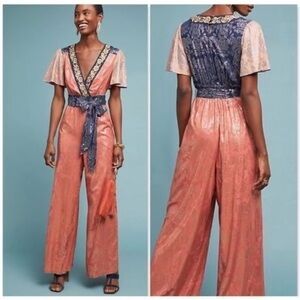 Akemi + Kin Anthropologie Sofia metallic foil wide leg jumpsuit EUC